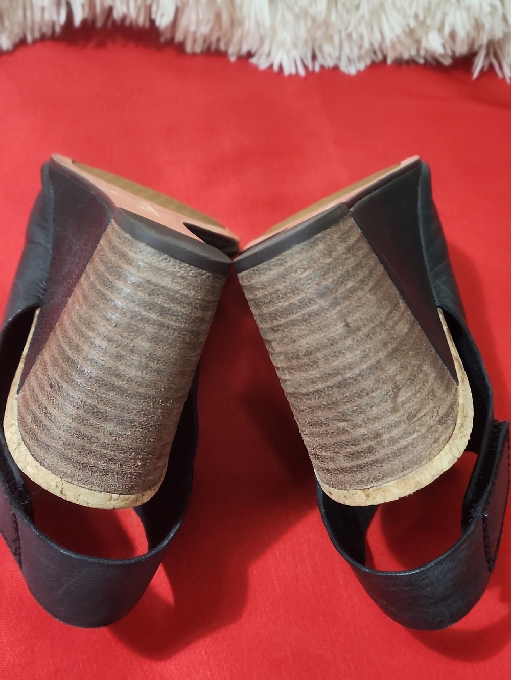 Clarks Cork Wedge Sandals Women Black Leather Peep Toe Ankle Strap - Picture 9 of 10